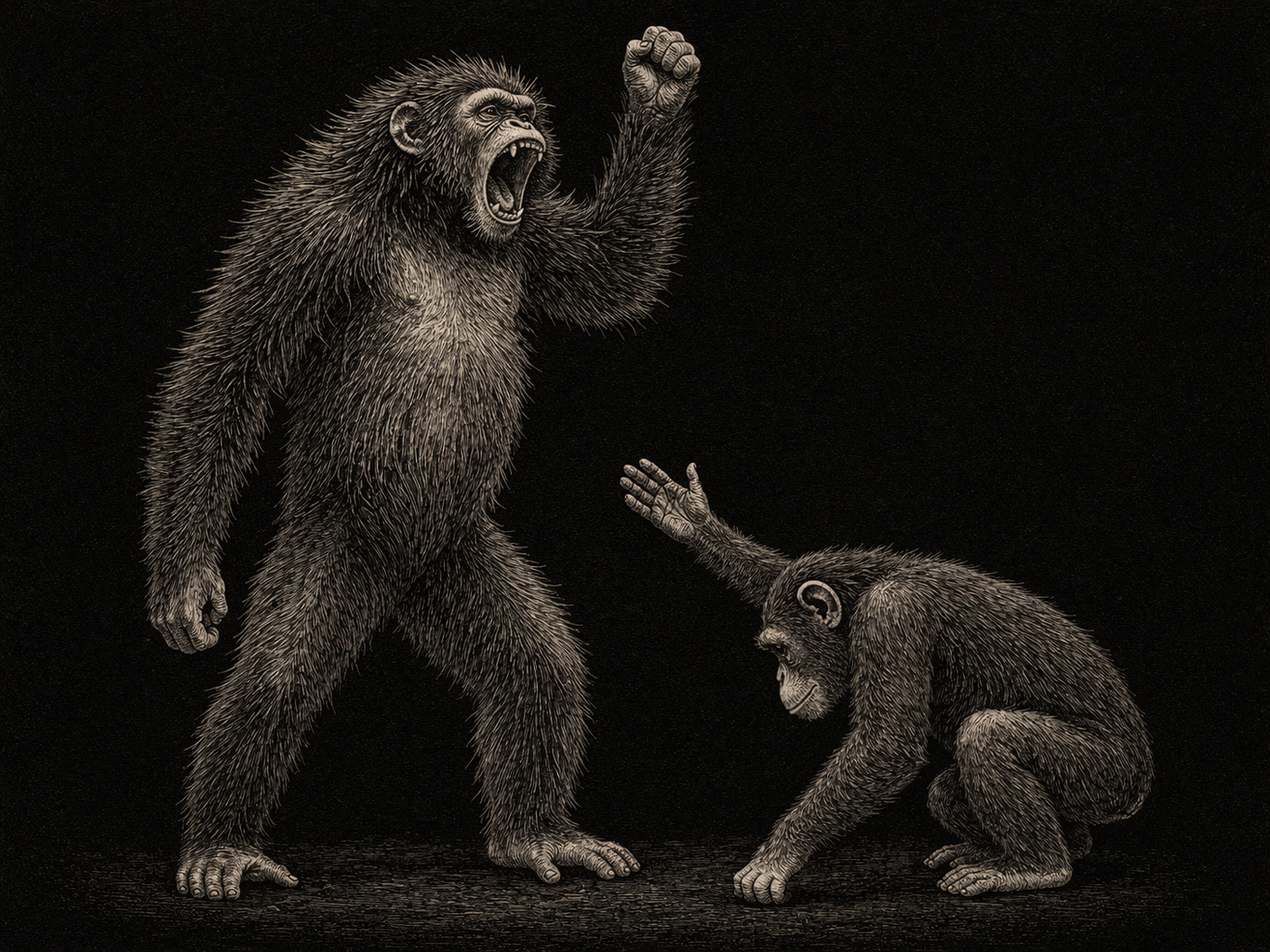 Full dominance display — left chimpanzee fully upright, fist raised, mouth open. Right crouched low, hand reaching up in submission